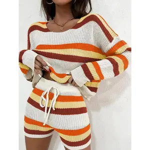 Women's Striped Print Two-Piece Set, Cozy Drop Shoulder Crop Sweater & Drawstring Waist Shorts Set, Knitwear Outfits for Spring FallGift