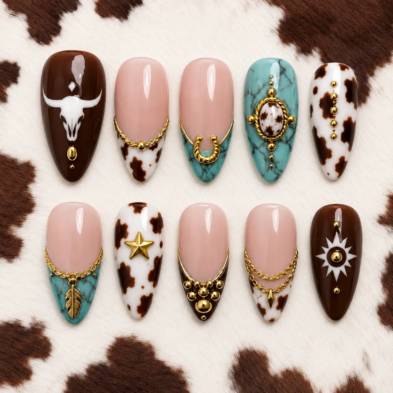 M36 yuca.beauty&nails Southwestern Western Press-On Nails, Turquoise Marble Design, Cow Pattern Art, Gold Charm Embellishment, Handmade Country Glam Nail Set for Cowgirl Style