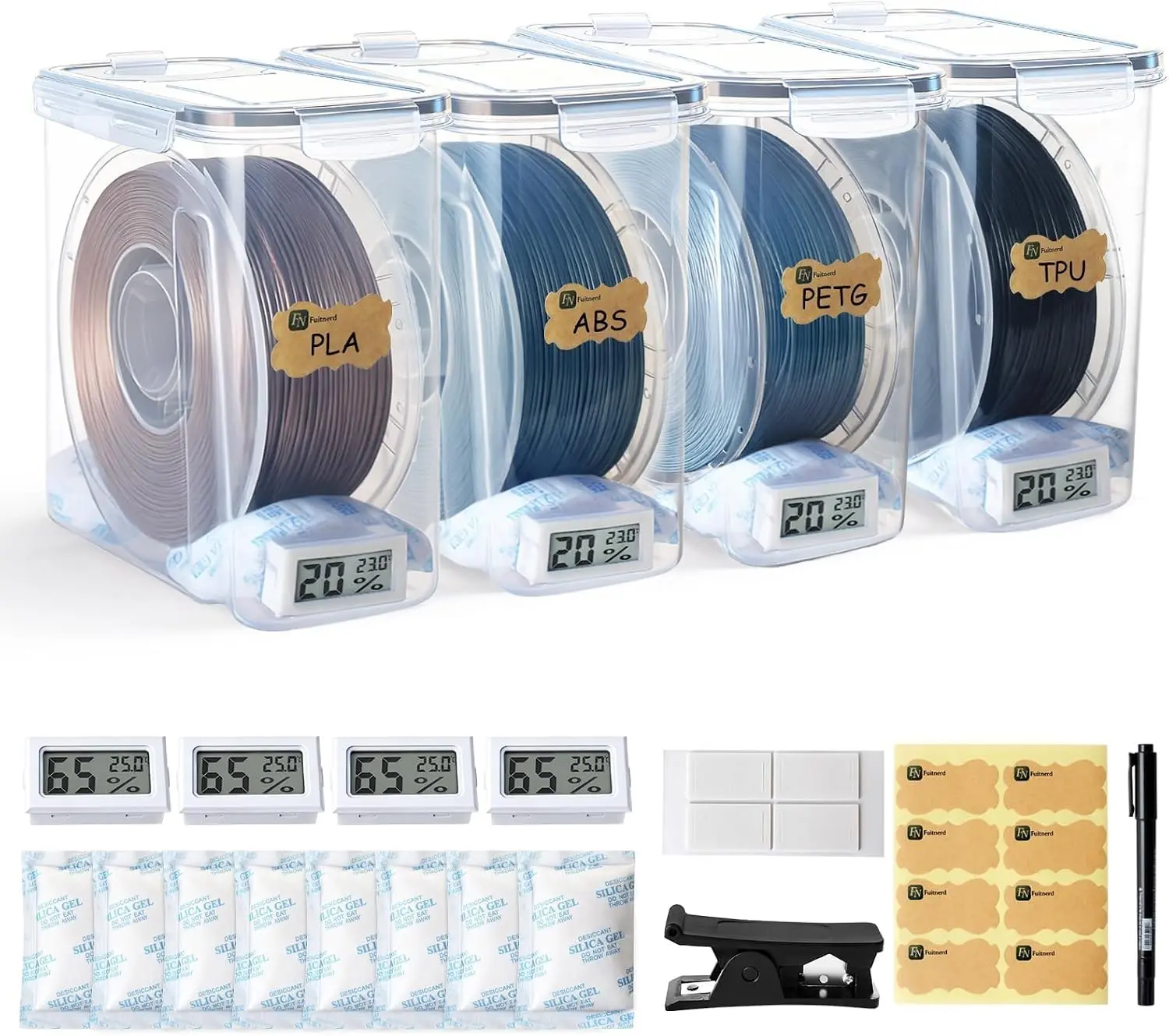 Filament Storage Box - 4 Pack 4L 3D Printer Filament Containers with 4 Hygrometers, Airtight Dry Boxes for Sealing and Protection, Water-Proof & Dust-Proof, Reusable Desiccant, Tube Cutter