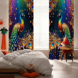 Peacock Pattern Curtain, 2 Counts/set Colorful Animal Theme Curtain, Semi Blackout Curtain, Bedroom, Living Room, Window, Kitchen, Office, Home Decor
