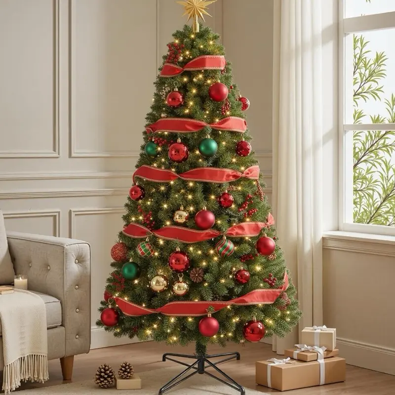 7.5 FT Prelit Christmas Tree Artificial Spruce with 350 Warm White LED Lights 1100 PVC Branch Tips Easy Assembly Metal Stand Hinged Branches Decoration