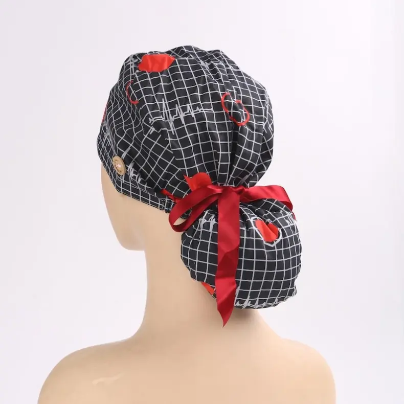 Heart EKG Ponytail Scrub Cap: Black Check, Cotton Surgical Hat with Buttons & Sweatband