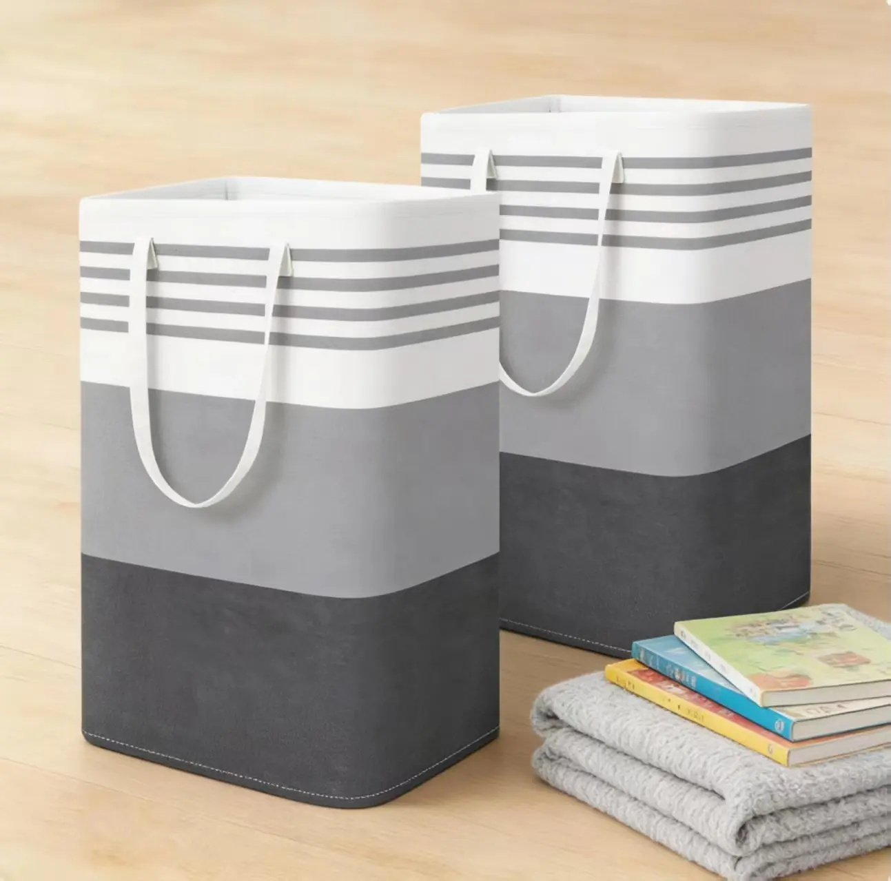 2 Pack Large Laundry Hamper, Freestanding Laundry Basket with Long Handles, Collapsible Fabric Laundry Bag for Clothes, Towels, Toys, Waterproof Liner, Perfect for Bedroom, Bathroom, Dorm Room Essentials