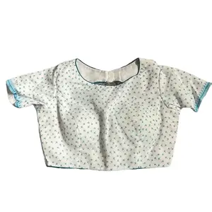 Blouse on Sale - White Top with Blue Trim and Small Pattern Design