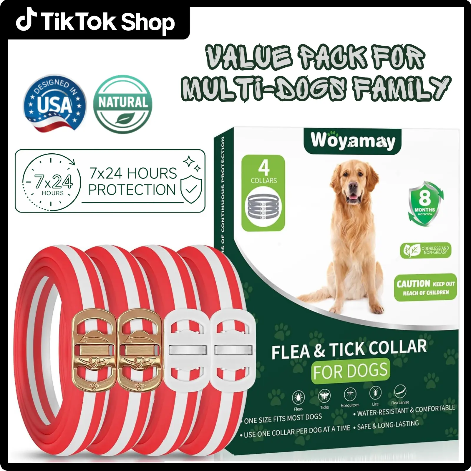 Dog Flea & Tick Collars for 32 Months Prevention, 4 Packs Flea and Tick Larvae Repellent Collars with Natural Essential Oil for Dogs, Adjustable Waterproof Collar Fits All Sizes Breeds of Dogs, Odorless & Non-Greasy