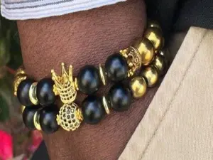King Crown Bracelet, Gold Hematite Bracelet Stack, Men's Bracelet, Beaded Bracelet Men, Gift for Him, Boyfriend Gift, Father's Day Gift.