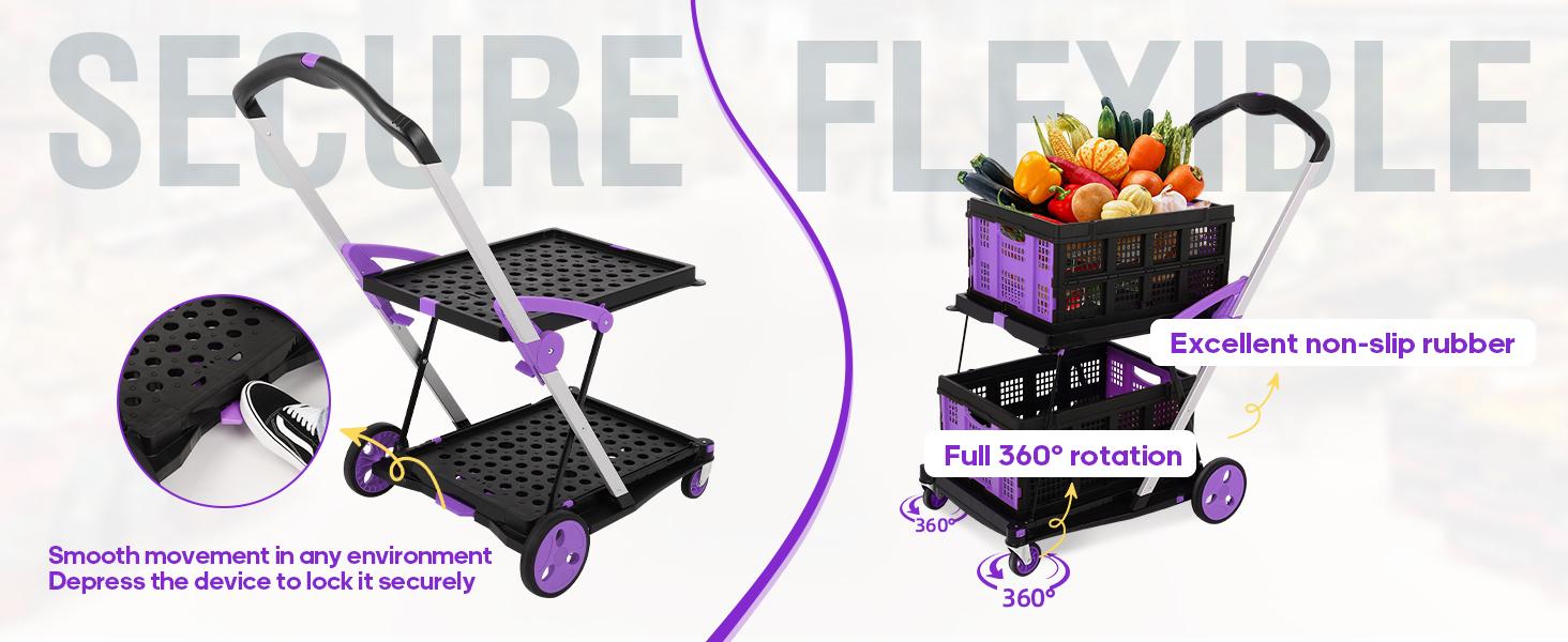 SCITOO Multi-Use Functional Collapsible Trolley with Transport Wheels, Removable Storage Crate - 2 Crates Included, Adjustable Lightweight Purple Cart for Home, Grocery - Convenience & Stockup Solution