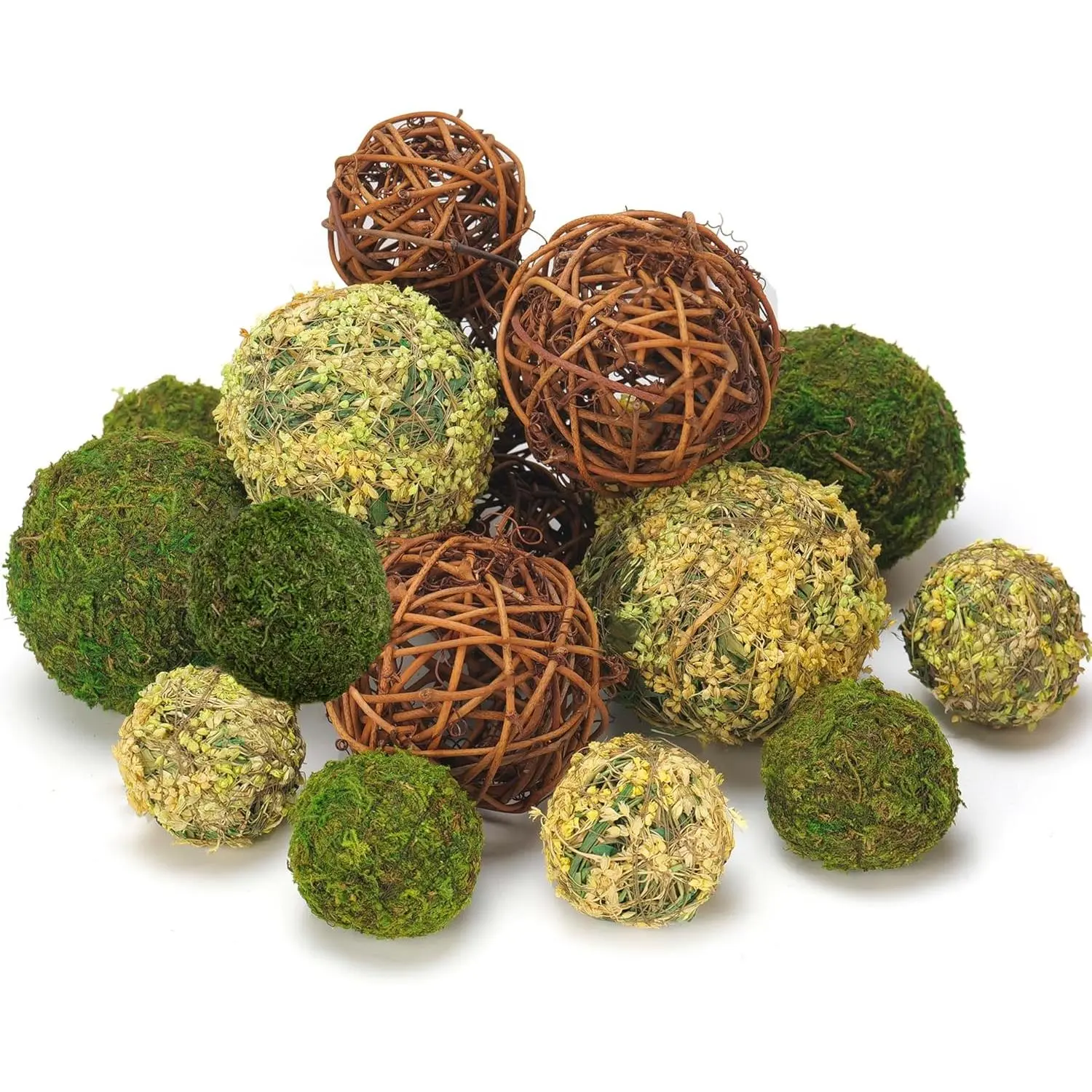 18 Pcs Decorative Bowl Filler Set - Fake Moss Balls & Wicker Rattan Balls, Rustic Floral Ornaments for Entryway Table Vase Centerpieces, Fresh Green & Brown Farmhouse Home Plants Decor