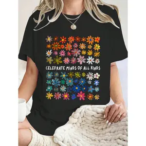 Autism Awareness Celebrate Minds Of All Kinds Wildflower T-Shirt Summer Tops, Short Sleeve Round Neck Casual Top For Summer & Spring, Women's Clothing