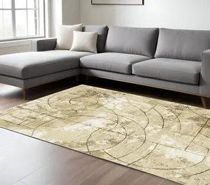 360 Stand Geometric Rectangle Area Rug, 10x13 ft, Beige & Brown Neutral Tones, Modern Power-Loomed Stain-Proof Rug for Living Rooms
