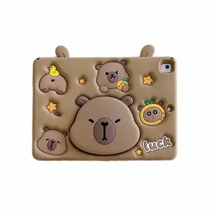Cute Capybara iPad Case with Duck Decoration, Shockproof Silicone Soft Shell, Retractable Stand, Fits iPad 7th-11th Gen & Air 4/5/6, Tablet Protective Cover