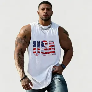Men's USA American 100% Cotton Tank Top, Breathable Sleeveless Athletic Shirt,  Independant Day Menswear