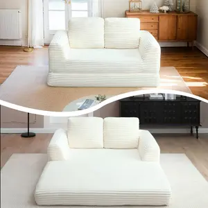 63" Corduroy Convertible Sofa Bed with Pull-Out Bed, Modern 2-in-1 Boneless Couches Loveseat Floor Sofa, Fluffy Cloud Couch Bed for Small Spaces, No Assembly