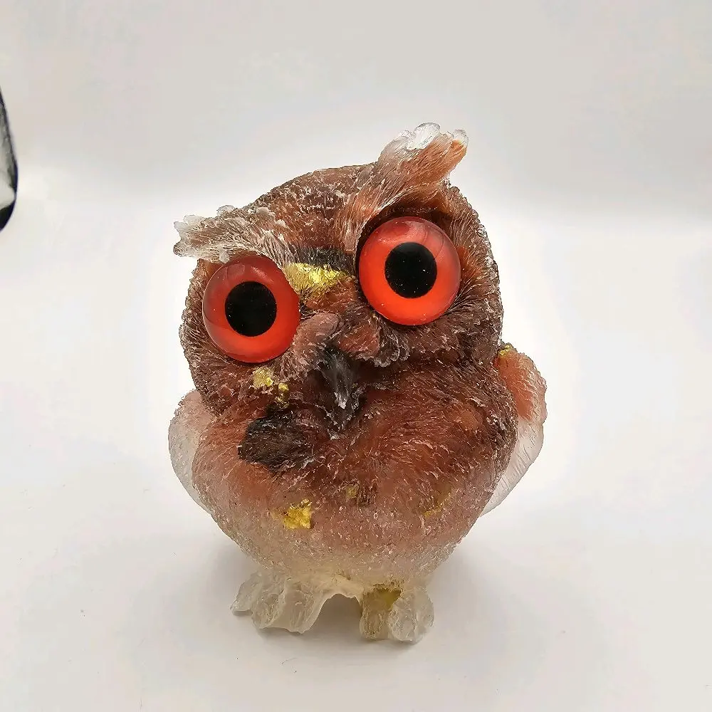 Decorative Owl Quartz Statue with Carnelian, Opalite, Rose Gemstones & Mineral Accents - Art Deco Home Decor Figurine for Desk Shelf Room Display