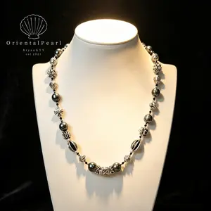 NC62-Black Tahitian Pearls with Tibetan Silver Charms Unisex for Man & Woman Cool Design