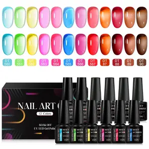 MEET ACROSS Glass Jelly Gel Nail Polish Set, 12pcs Y2K Highly Saturated Flourescent Jelly Crystal Gel Polish, Soak Off Nail Art Gel, Long-Lasting Salon Quality, Glossy Finish, Alcohol-Free, Cosmetic, Nail Art & Nail Polish for Women & Girls, Manicure