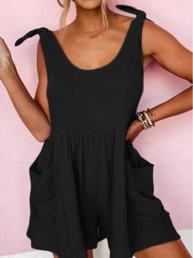 Black Textured Knotted Straps High Waist Wide Leg Romper