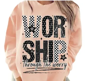 Worship Through The Worry Bible Verse Crewneck Sweatshirt, Christian God Checkered Preppy Black White Tee, Faith Religious Gifts, Jesus Apparel