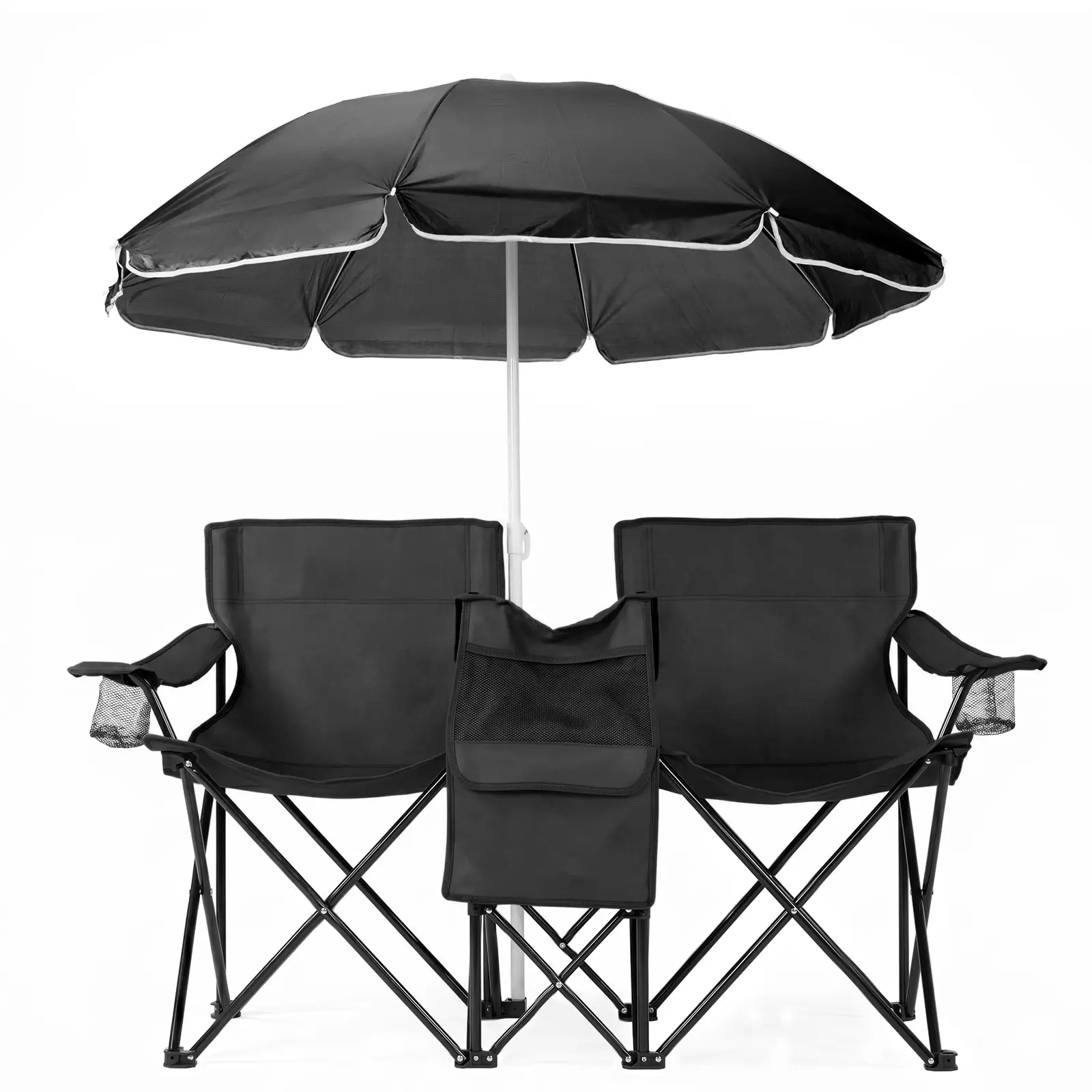 Double Folding Camping Chair with Umbrella & Cooler, XL Oxford Fabric Loveseat for 2 Adults, 480lb Capacity, Adjustable Portable for Beach & Outdoor Patio Sun Protection, Adjustable Portable Chairs, Unisex, Beach Chair