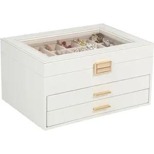 Box Organizer for Women Girls, 3 Layer PU Leather  Storage Case with Glass Lid & 2 Drawers, Large Jewellery Display Holder for Necklaces Rings Earrings Bracelets, White