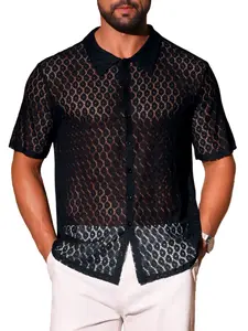 INSPIRE CHIC Black Lace Shirt for Men's Hollow See Through Button Down Short Sleeve Disco Sheer Shirts