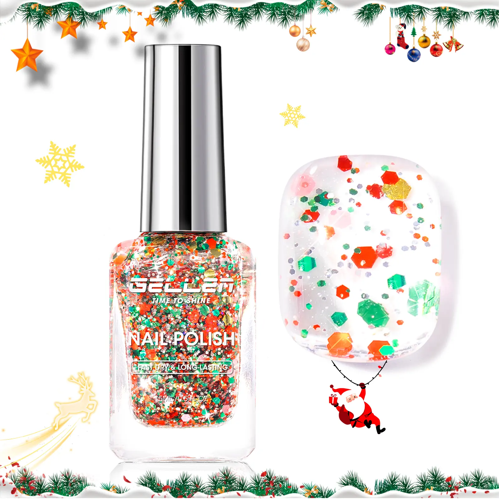 Gellen Christmas Glitter Nail Polish - 1pc Holiday Manicure, Quick Dry Gold & Silver Sparkle Nail Polish for Women & Girls, Winter Party Gift