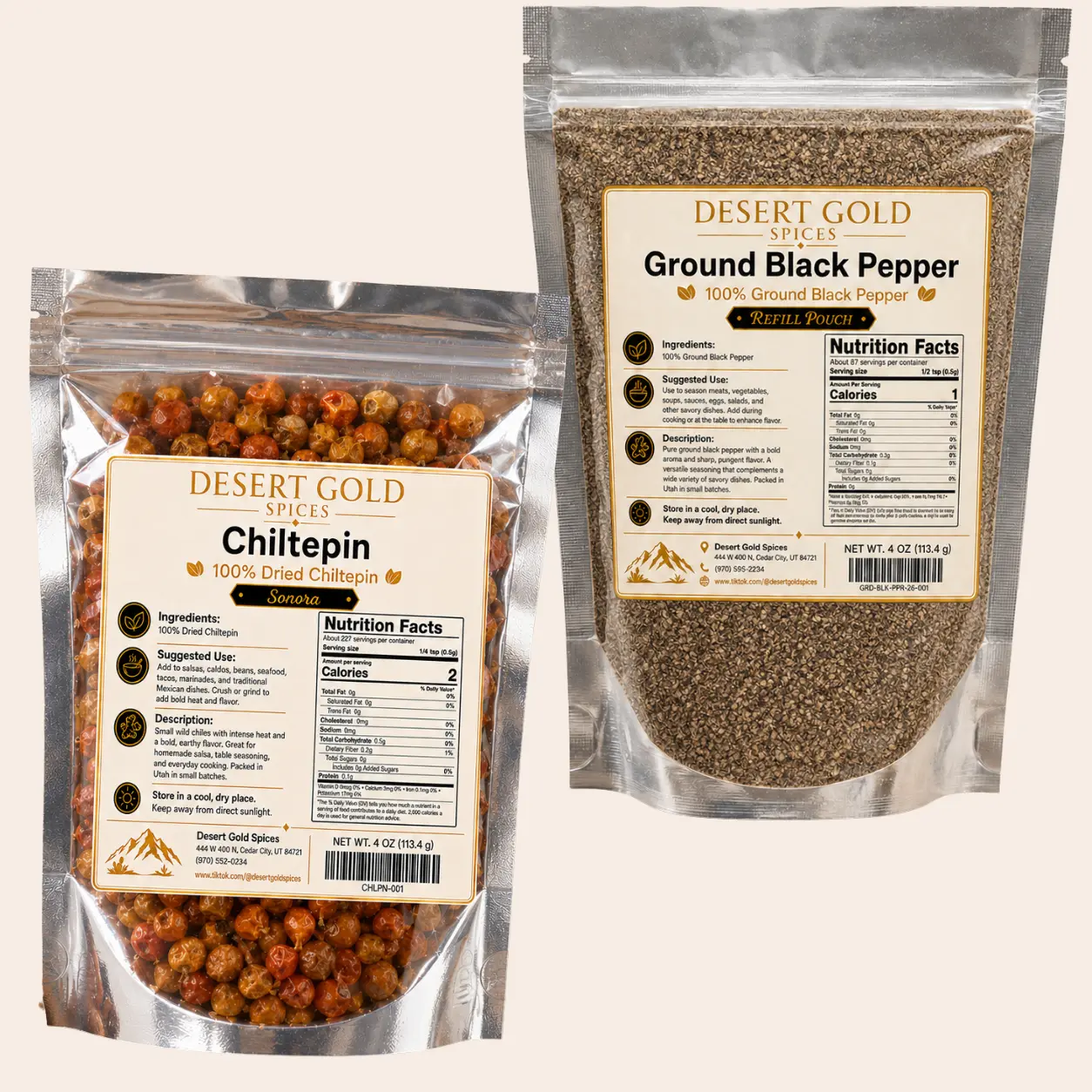 Chiltepin & Ground Black Pepper 2-Pack – 4 oz Each | 100% Dried Chiltepin from Sonora, Mexico + Pure Ground Black Pepper | Bold Spices for Tacos, Meats, Seafood, Beans & Mexican Cooking
