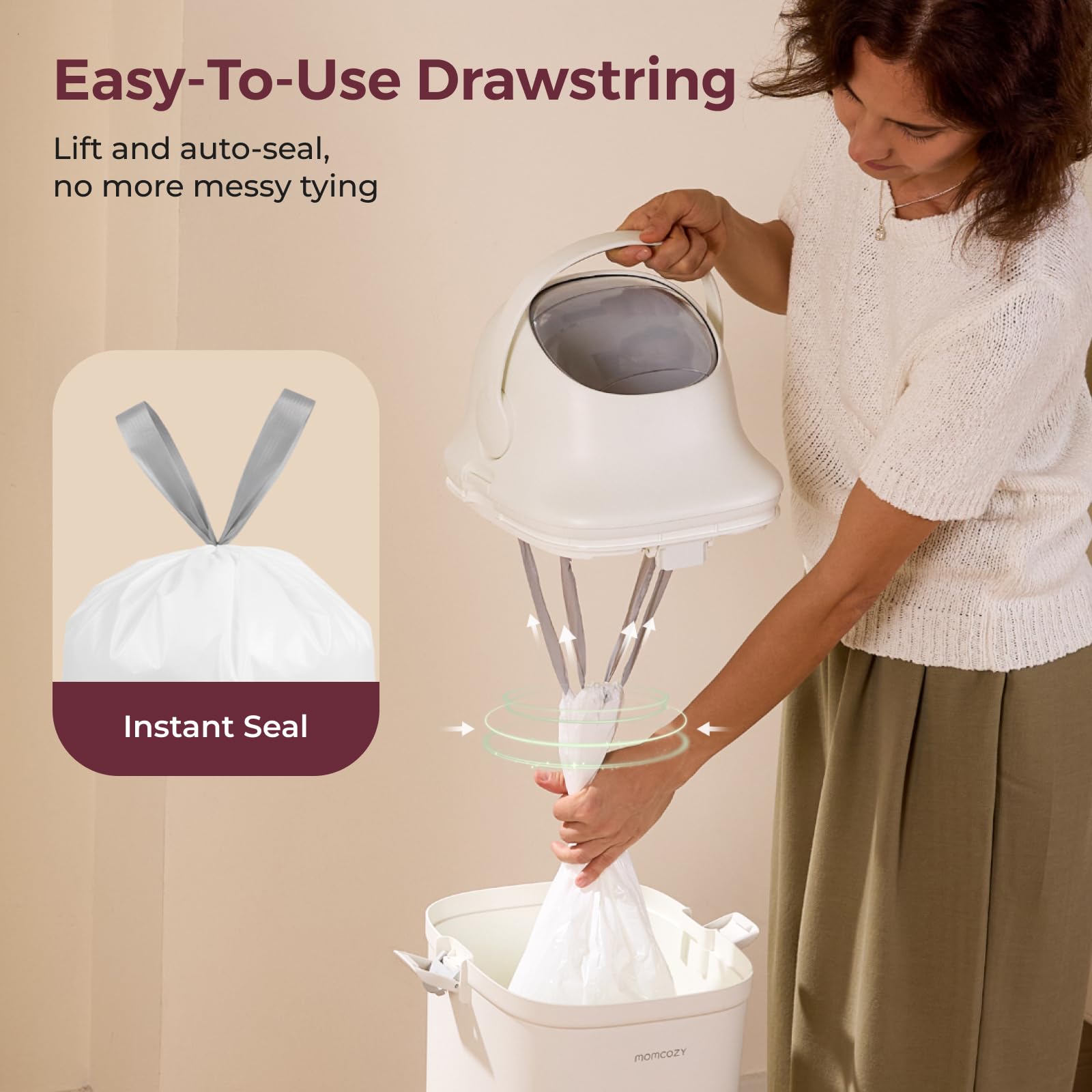Momcozy 13 Gallon Drawstring Diaper Pail Bags, 45 Count Trash Bag Refills, 3 Rolls x 15 Bags, Compatible with Momcozy Diaper Pail, Ultra-Thick Disposable Diaper Disposal Bags for Nursery
