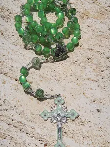 Handmade Green Sacred Heart Rosary with Cat's Eye Beads, Catholic Prayer Beads, First Communion Gift, Confirmation Rosary