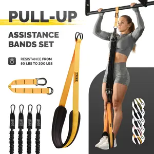 Tribe Lifting Pull Up Assistance Band Set – 4 Latex Resistance Bands with Adjustable Strap & Foot Loop