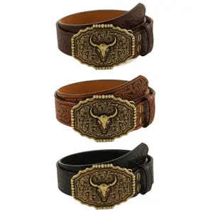 Western cowboy-style embossed PU belt with buckle; Bohemian-style animal-decor couple’s belt; everyday fashion accessory; Western-style engraved belt; Western belt buckles; trendy, individual belts