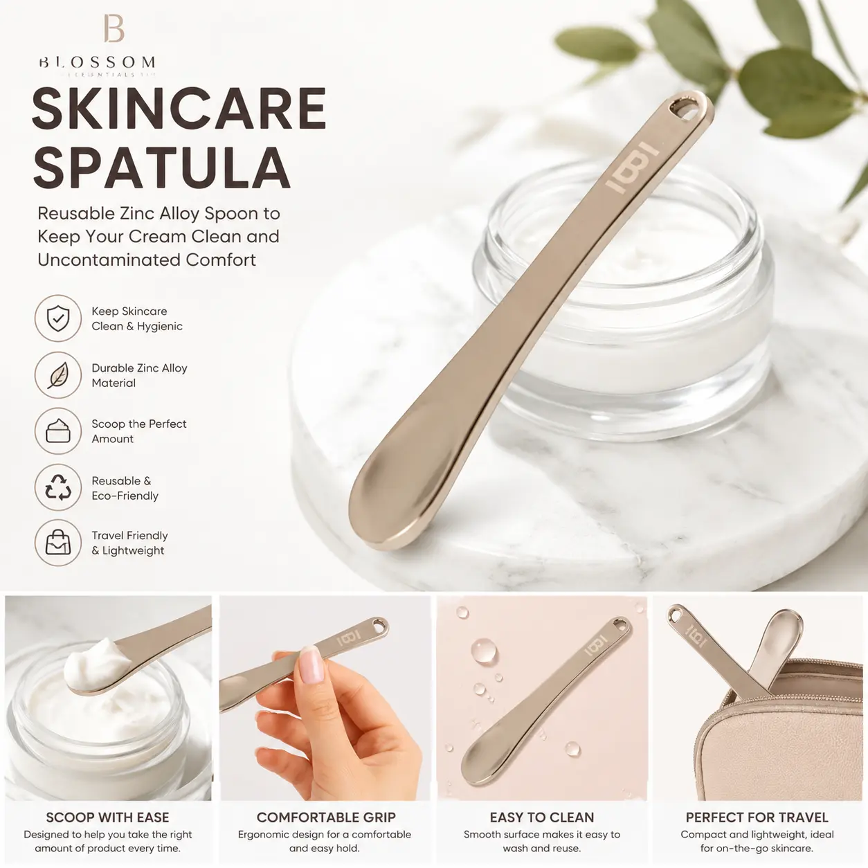 Blossom Essentials Skincare Spatula - Reusable Zinc Alloy Spoon to Keep Your Cream Clean and Uncontaminated Comfort