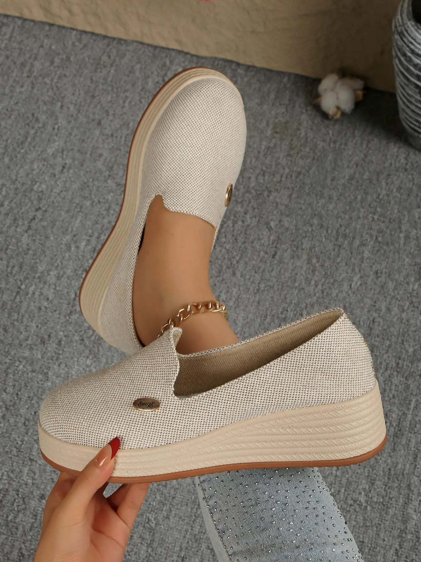 Women's Canvas Slip-On Loafers, Platform, Flatform, Textile Upper, Rubber Sole, Lightweight Height Increase, Casual Style, All-Season Footwear, Slip On Shoe
