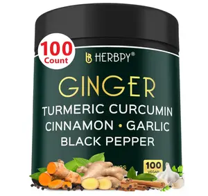 5in1 Ginger and Turmeric Supplements with Ceylon Cinnamon, Garlic - Digestion, Immune, Brain & Heart Health Support - 100 Vegan Capsules