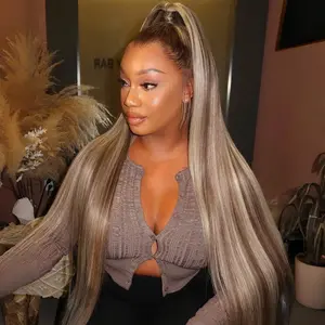 13x6 Ombre Highlight Ash Blonde Lace Front Wigs Human Hair 210% Density Hair Salon Customized Milk Tea Ash Blonde with Brown Highlights Wigs for Women Upgrade Hd Thin Lace Straight Wig