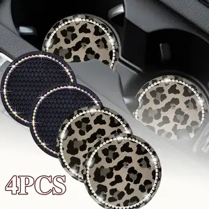 4PCS Car Cup Holder Coasters, No-Slip Silicone Bling Rhinestone for Auto Cup Holders, Leopard Print + 2 Black, Car Interior Accessories Coaster for Women Men, Universal Fit