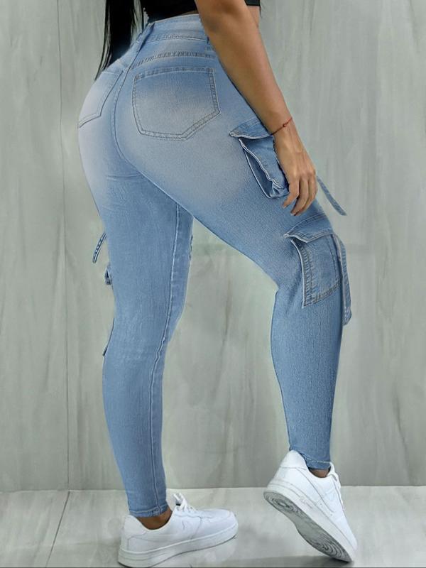 Y2K women's street style multi-pocket cropped work Stretchy Jeans with flap pockets for autumn and winter, perfect for Christmas fashion