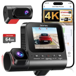 Front and rear 3-channel dash cam, 4K car dash cam STARVIS 2 HDR night vision, 24-hour parking mode, including 64GB card, dash cam built-in 5.8GHz WiFi GPS, 170 ° wide-angle, G sensor emergency lock Non-slip Stainless Steel Ground Grip Crampons