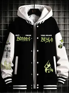 Men's Letter & Star Print Baseball Collar Jacket, Casual Comfy Contrast Binding Long Sleeve Outerwear for Daily Wear, Men's Clothes for All Seasons