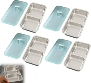 Grab and Go Snack Containers Reusable,Stainless Steel Double Compartment Snack Containers,Dishwasher- Reusable Condiment Container with Lids of Snacks,Dips,Travel and Outdoor Camping（4PCS)