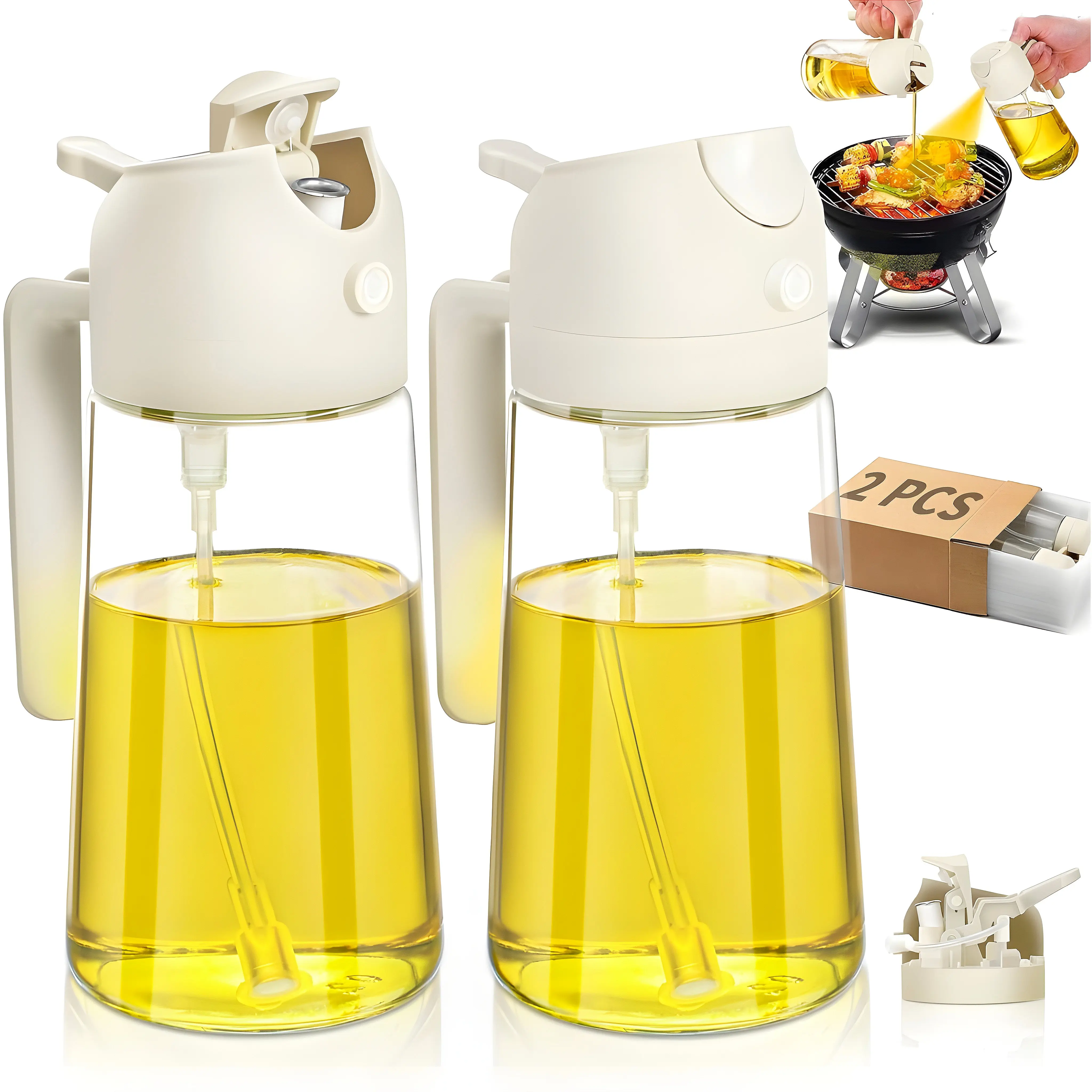 2Pcs Oil Sprayer for Cooking ,2 in 1 Oil Dispenser and Oil Sprayer Kitchen Gadgets-16oz Glass Oil Spray Bottle,Mist Olive Oil Dispenser for Kitchen,Air Fryer,Salad, Grill (White Kitchen Accessories Oil dispenser oil sprayer oil bottle olive oil sprayer 1