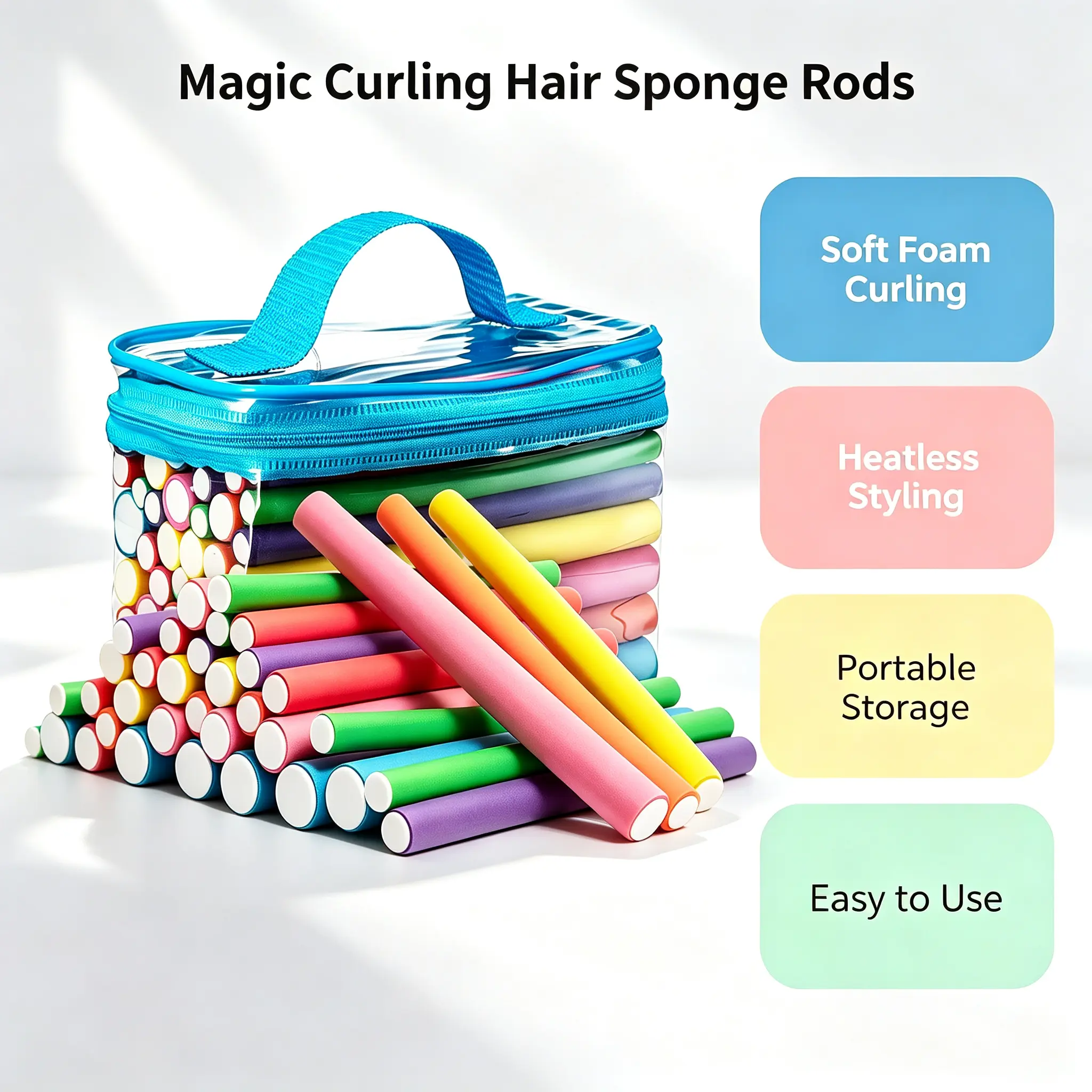 42/bag Flexible Foam Hair Rollers Set – No-Heat Curlers with Clear Storage Bag, Assorted Colors, Sleep-In Bendy Styling Rods for Waves & Curls