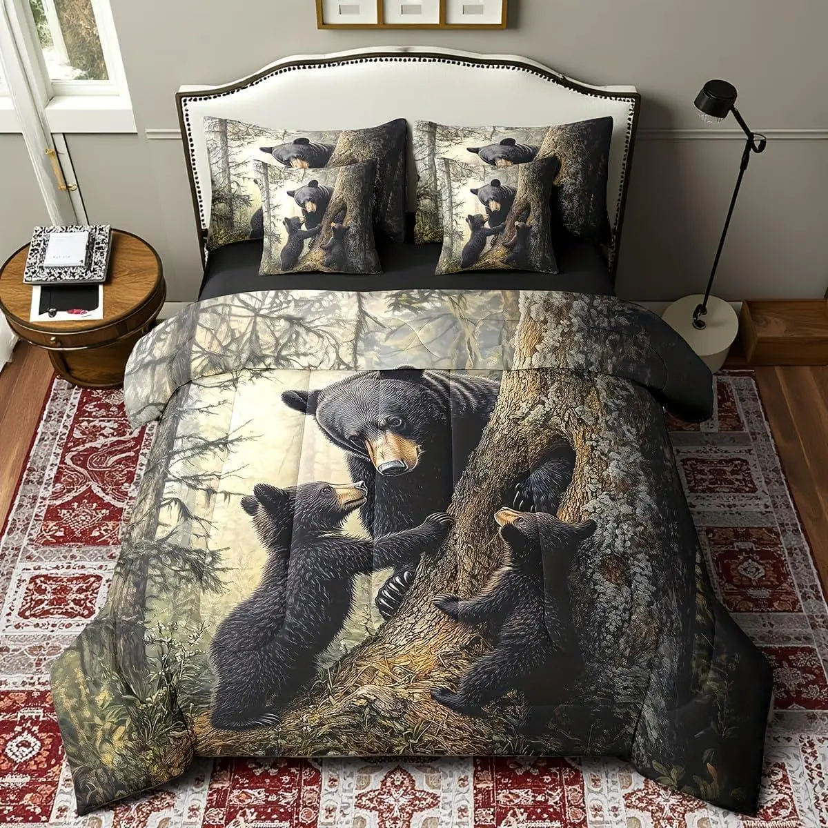 Cute Bears Bedding Set,Cartoon Jungle Bear Bed in a Bag Country Rustic Wildlife Comforter Set,7 Pieces for Teens Black Beige Bed Set with Comforter,Sheet Set,Pillow Covers,Country Style Bedding Sets Collections,Cute Bedding Sets Collections,C