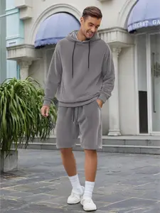 Men's Two-Piece Set Outfit Hoodie & Drawstring Shorts, Fleece Lined Fitted Comfortable Casual Wear, Fall Winter for Daily Use at Home