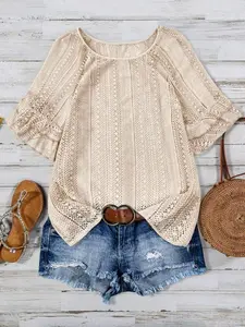 Women's Plus Size Crochet Top Round Neck Butterfly Short Sleeve Blouse Hollow Out See Through Breathable Shirts Lace Flowy Boho Casual Summer Beach Vacation Outfits Cover Up Spring