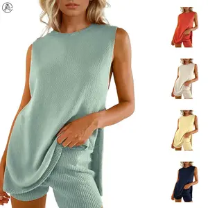 Arssm Women Summer Sleeveless Sweater Sets Knit 2 Piece Outfits Tunic Tank Top Matching Shorts Vacation Beach Sets Womenswear Slim Clothes Crewneck Fitted Suits Loose Casual