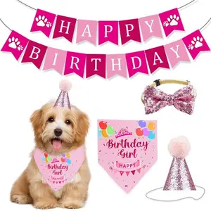 4-In-1 Pet Dog Cat Birthday Party Decoration Set, Costume Accessories Include Banner Bow Tie Hat Towel Essential for Parties, Party Supplies