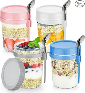 Oats 4 Pack Overnight Oats Containers with Lids & Spoons - 16 Oz Glass Mason Jars for Fruit, Vegetable, and Milk Salad Yogurt Airtight Kitchen Transparent Utensils Colorful Plastic Silicone Stainless