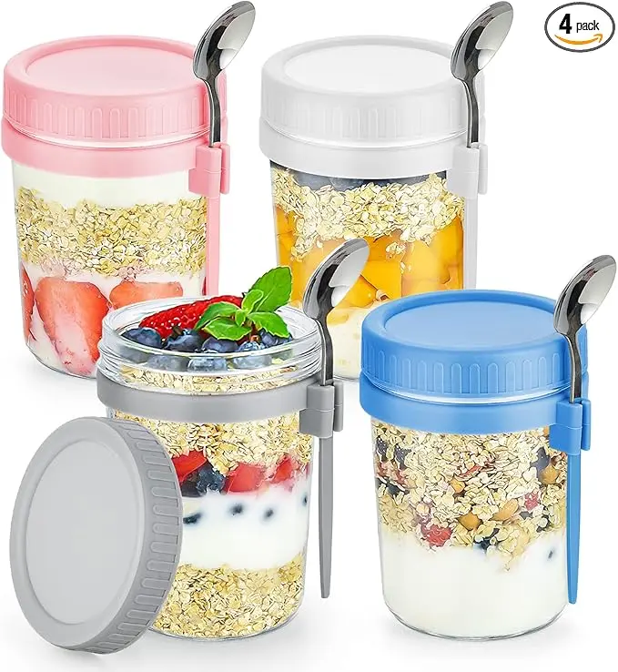Oats 4 Pack Overnight Oats Containers with Lids & Spoons - 16 Oz Glass Mason Jars for Fruit, Vegetable, and Milk Salad Yogurt Airtight Kitchen Transparent Utensils Colorful Plastic Silicone Stainless