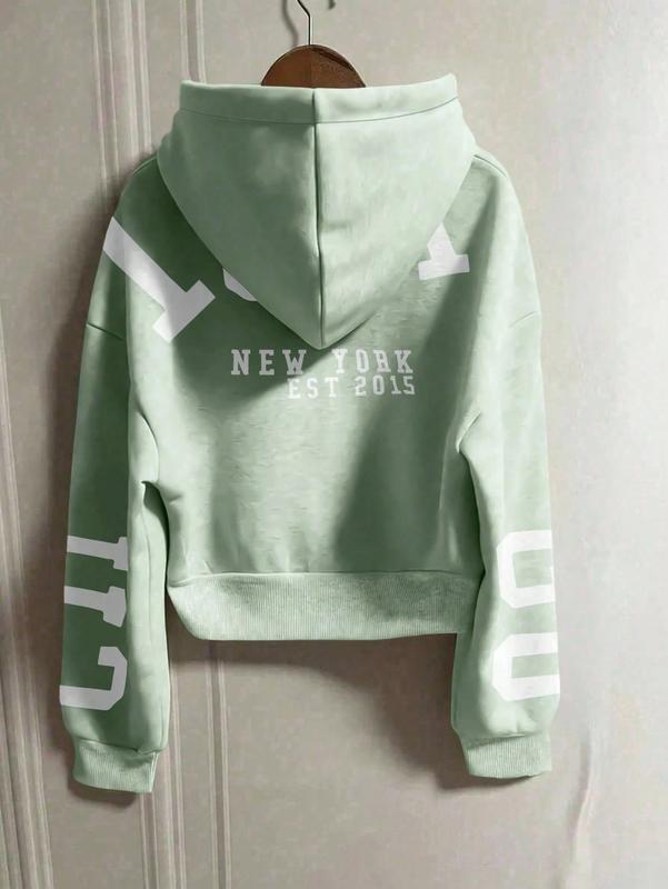 Women's Mint Green Zip Up Hoodie Loose Fit Cropped Letter Print Hooded Jacket With Front Pockets Soft Thermal Lining Casual Sweatshirt for Autumn Winter Spring